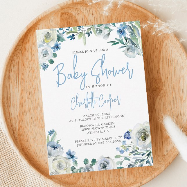 Invitation Blue Peony Floral Chic Spring Garden Baby shower (Créateur téléchargé)