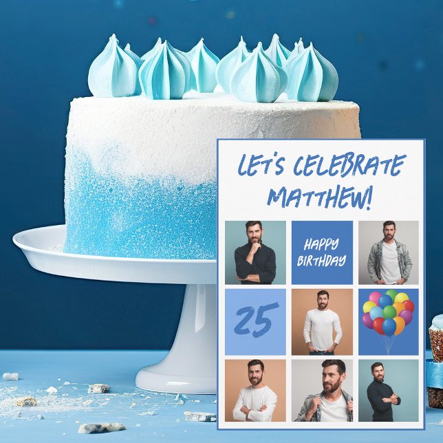 Invitation Blue Photo Collage personnalisé fête d'anniversair (Créateur téléchargé)