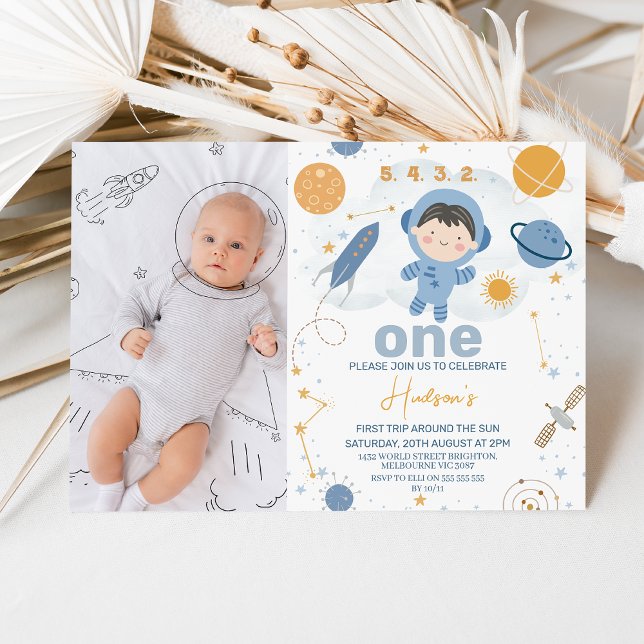 Invitation Blue Photo Premier voyage autour du soleil 1er ann (First Trip Around The Sun 1st Birthday Invitation, Boys Outer Space Birthday Invite, Blue Orange, )