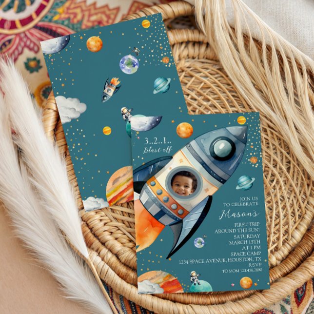 Invitation Blue Photo Rocket First Trip Around the Sun Space (Créateur téléchargé)