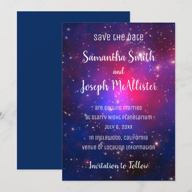 Invitation Blue Pink et Purple Space Image Enregistrer la dat (Devant / Derrière)