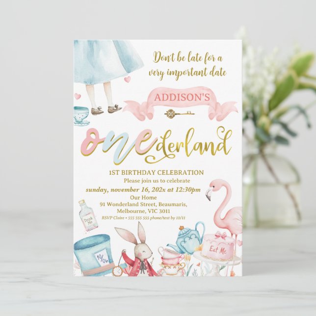 Invitation Blue Pink Gold Alice dans l'Onederland 1er anniver (Debout devant)