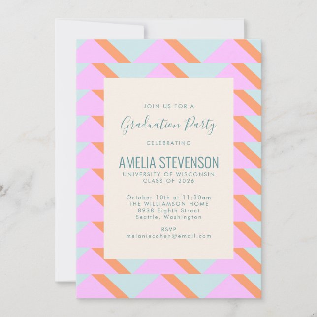 Invitation Blue Pink Pastel Retro Geometry Graduation Party (Devant)