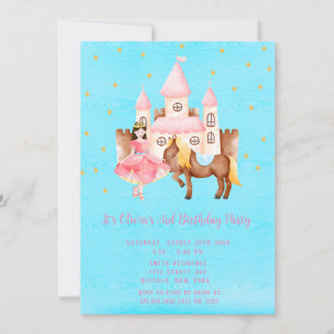 Invitation Blue Pink Princess Castle Horse fête d'anniversair
