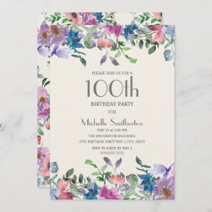 Invitation Blue Pink Purple Floral Femmes 100e anniversaire