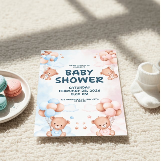 Invitation Blue Pink Teddy Bear Gender Reveal Baby Shower (Créateur téléchargé)