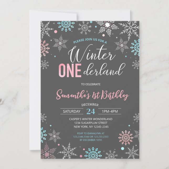 Invitation Blue Pink Winter Onederland Snowflake 1er annivers (Devant)