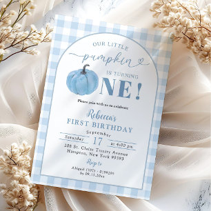 Invitation Blue Plaid Preppy Citrouille Fall Boy Anniversaire