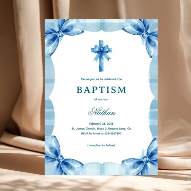 Invitation Blue Plaid Watercolor Bows & Cross Boy Baptism (Watercolor Blue Baptism Invitation. Perfectly blending traditional faith with a modern "coquette" ae)