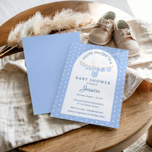 Invitation Blue Polka Dots Hanging Clothes Baby Shower (Créateur téléchargé)