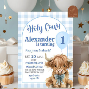 Invitation Blue Preppy En vichy Cow Boy Premier anniversaire