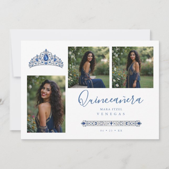 Invitation Blue Princess Quinceañera Tiara 3-Photos Spanish (Devant)