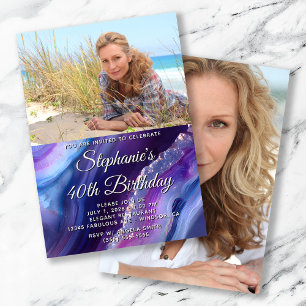 Invitation Blue Purple Agate Élégante photo 40e anniversaire