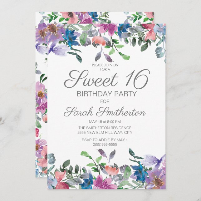 Invitation Blue Purple Floral Sweet 16 Anniversaire (Devant / Derrière)