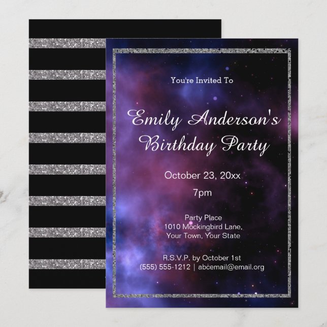 Invitation Blue Purple Galaxy Argent Anniversaire (Devant / Derrière)