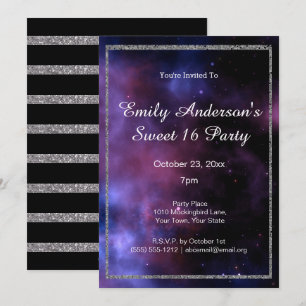Invitation Blue Purple Galaxy Silver Sweet 16 Anniversaire