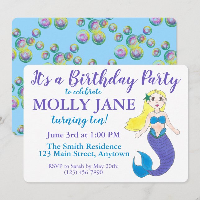 Invitation Blue Purple Ocean Mermaid Bubbles Anniversaire (Devant / Derrière)