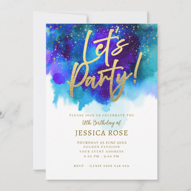 Invitation Blue Purple Party avec Gold Accent (Devant)
