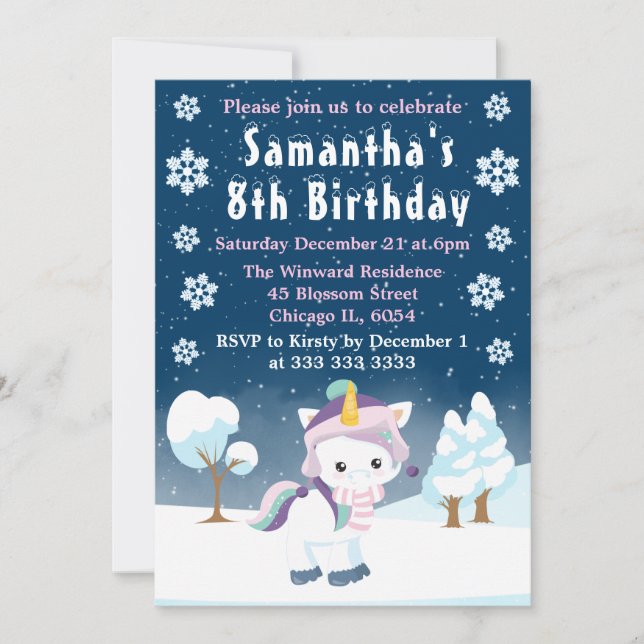 Invitation Blue Purple & White Winter Unicorne fête d'anniver (Devant)