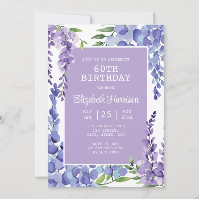 Invitation Blue Purple Wisteria Floral 60e anniversaire (Devant)