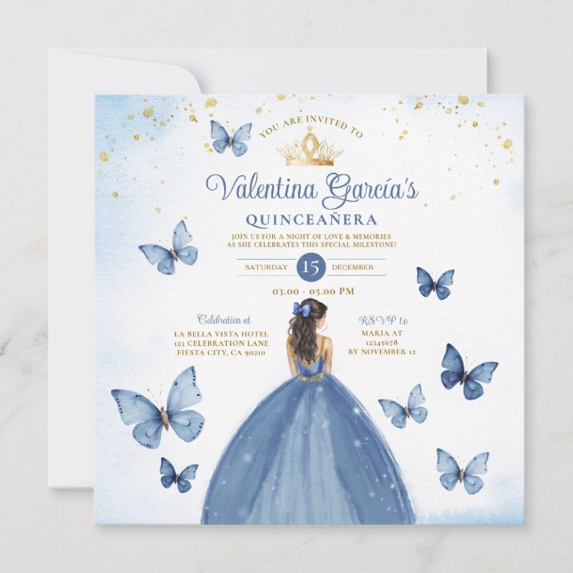 Invitation Blue Quinceañera 15 Anos Butterfly Gold Parties sc (Devant)