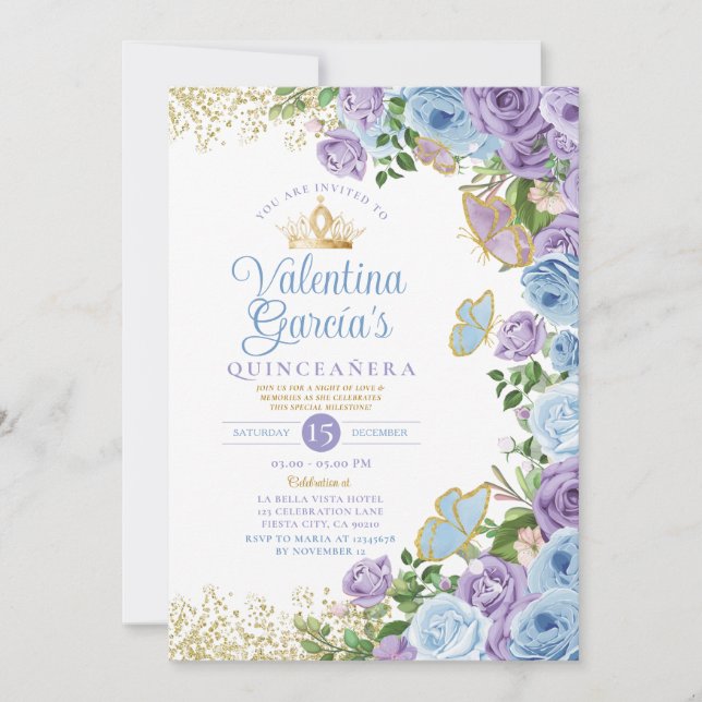 Invitation Blue Quinceañera 15 Anos Fleurs violettes Couronne (Devant)