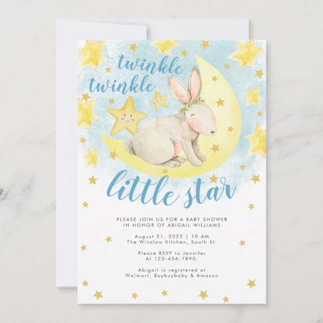 Invitation Blue Rabbit Gold Twinkle petit Baby shower étoile (Devant)