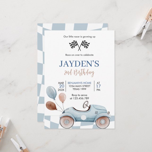 Invitation Blue Race Car 2e Course Deux Anniversaire Rapide (Devant/Arrière en situation)