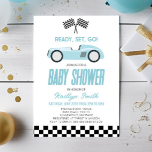 Invitation Blue Race Car À damiers Race Drapeau Baby shower