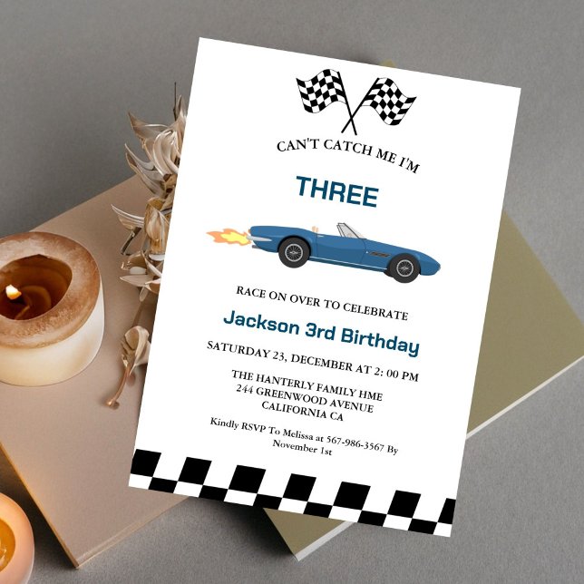 Invitation Blue Race Car Boy 3e fête d'anniversaire (Créateur téléchargé)