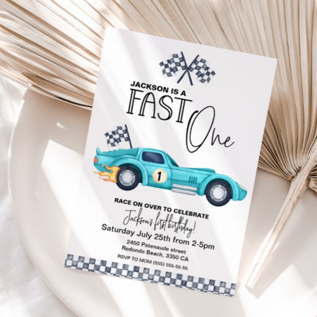 Invitation Blue Race car FAST ONE 1ère aquarelle d'anniversai (Fast one race car birthday invitation)
