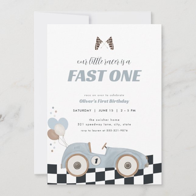 Invitation Blue Race Car Fast One First Birthday Invite  (Devant)