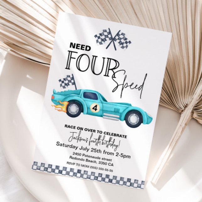 Invitation Blue Race Car, Need FOUR speed 4th Birthday  (Blue Race car, Need FOUR Speed birthday invitation,  Race car Birthday invite)