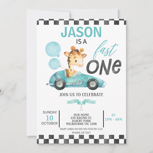 Invitation Blue Racing Car Ballons Giraffe 1er Anniversaire (Devant)