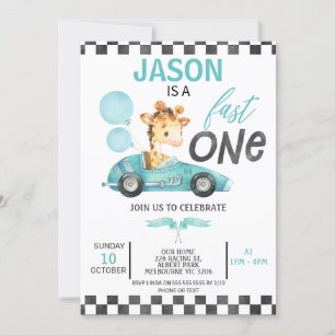 Invitation Blue Racing Car Ballons Giraffe 1er Anniversaire