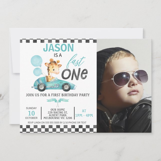 Invitation Blue Racing Car Balloon Giraffe Photo 1er annivers (Devant)