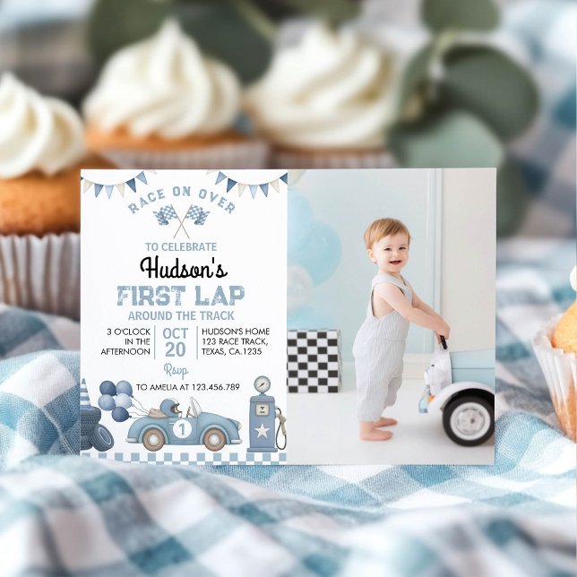 Invitation Blue Racing Car Boy Birthday Party Photo (Créateur téléchargé)