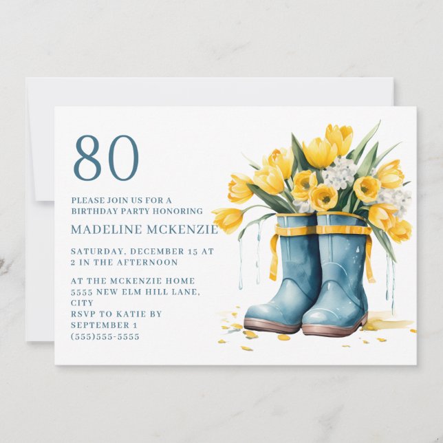 Invitation Blue Rainboots Tulipes Jaunes 80e anniversaire (Devant)
