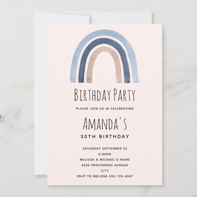 Invitation Blue Rainbow Boho Design Anniversaire (Devant)