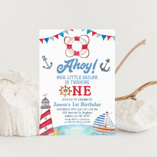 Invitation Blue Red Ahoy Our Little Sailor 1er Anniversaire