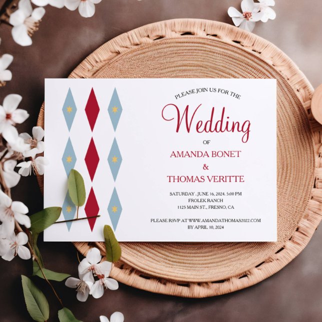 Invitation Blue Red Diamond Yellow Star Mariage du milieu du  (Créateur téléchargé)