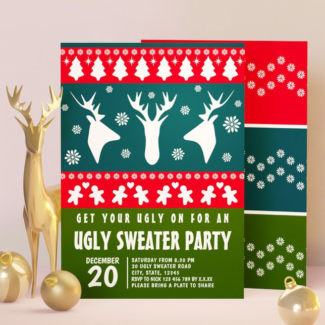 Invitation Blue Red et Green Reindeer Ugly Sweat Party (Blue Red and Green Reindeer Ugly Sweater Party Invitation)