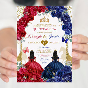 Invitation Blue Red Floral Élégant Twins Girls Quinceanera