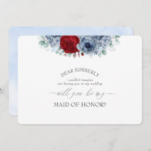 Invitation Blue Red Floral Maid of Honor Bridesmaid Propositi