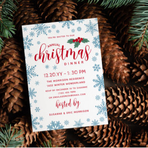 Invitation Blue Red Holly Snowflakes Dîner de Noël
