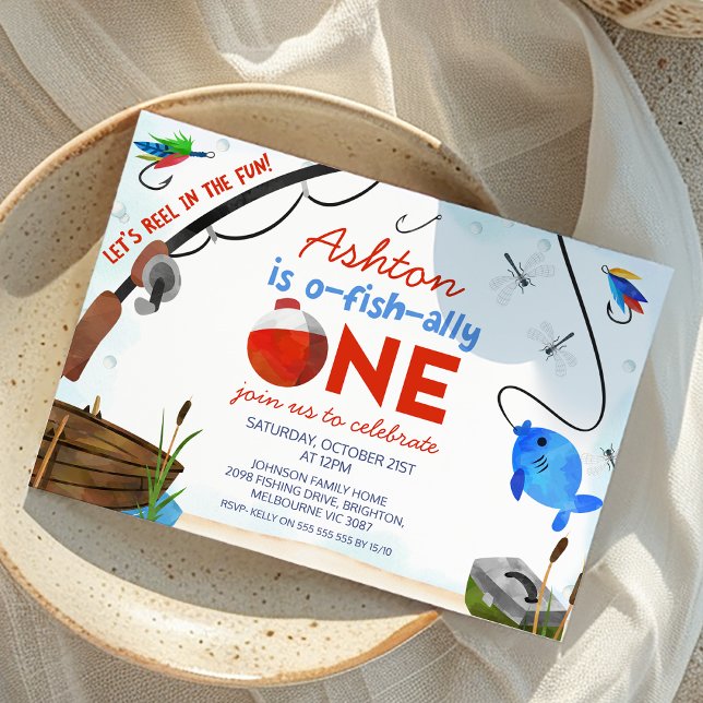 Invitation Blue Red Pêche Ofish Un 1er Anniversaire (Reel Fun Ofishally 1st Birthday Invitation, Fishing Themed First Birthday Party Invite, O-fish-ally)