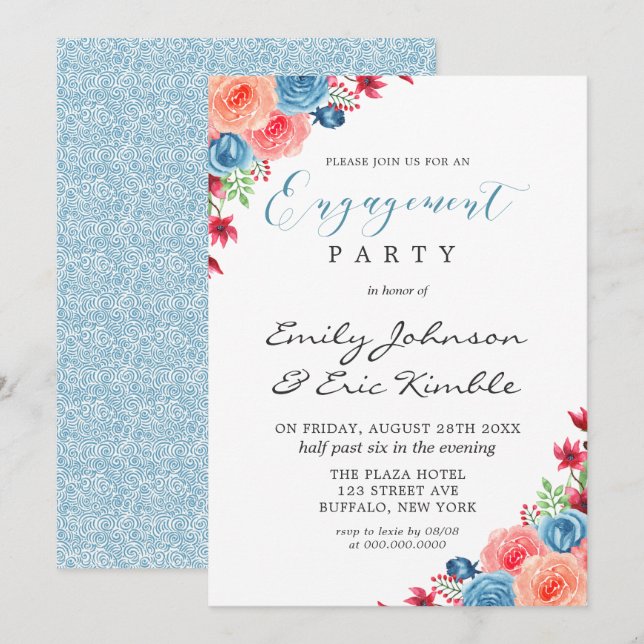 Invitation Blue Red Rose Orange Floral Engagement Party Invit (Devant / Derrière)
