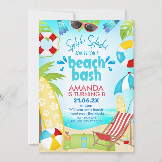 Invitation Blue Red Summer Beach Bash Anniversaire (Devant)