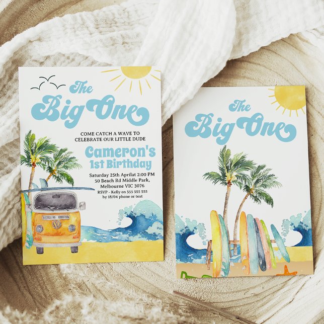 Invitation Blue Retro Van Wave Surf The Big One 1er Anniversa (Editable Boys the Big One Surfing 1st Birthday Invitation,  Retro Boy Surf Van Surfboard Beach Party)