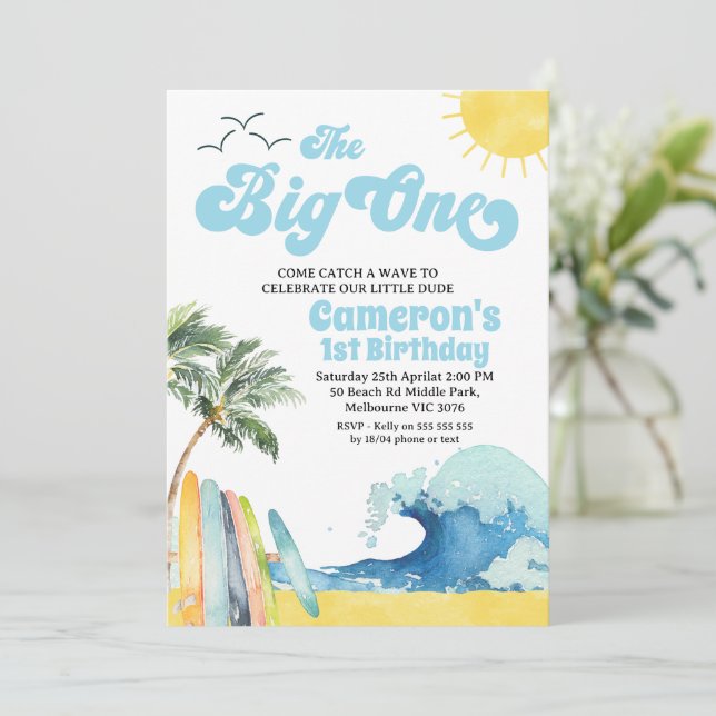 Invitation Blue Retro Wave Surf The Big One 1er Anniversaire (Debout devant)